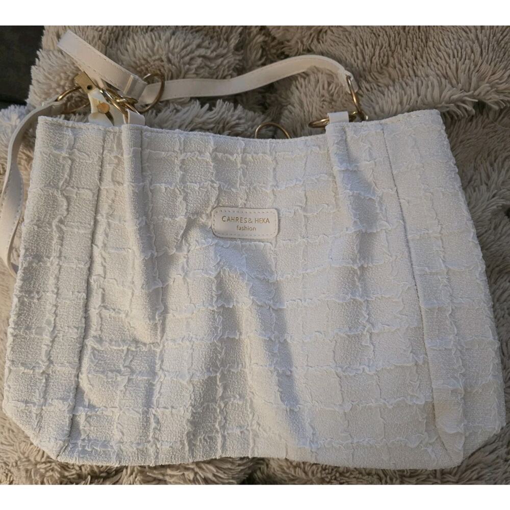 Cahres & Heka Ivory Nylon Tote Zipper Shoulder Bag/New